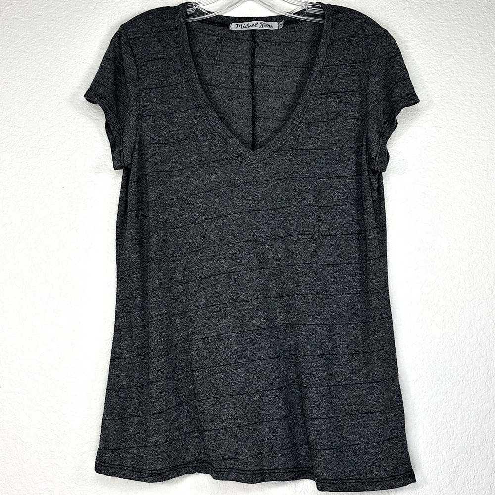 NWOT Michael Stars Brooklyn V Neck Jersey Gray Black Pinstripeā T shirt